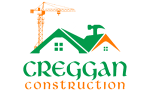 Creggan Construction logo for a San Francisco Bay Area construction company featuring a green roofline and orange crane.